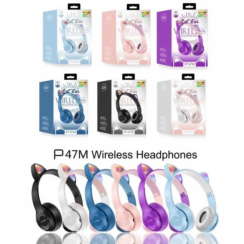 P47M Wireless Bluetooth Headset Gamer Cat LED Light Foldable Noise Cancelling