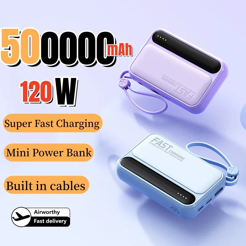 120W 500000mAh Power Bank Large Capacity 4 In1 Cables Intelligent Digital Display Light Portable Powerbank For iPhone Huawei New
