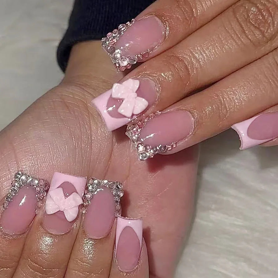 Blush Pink False Nails Bowknot Diamond Pearl Nails