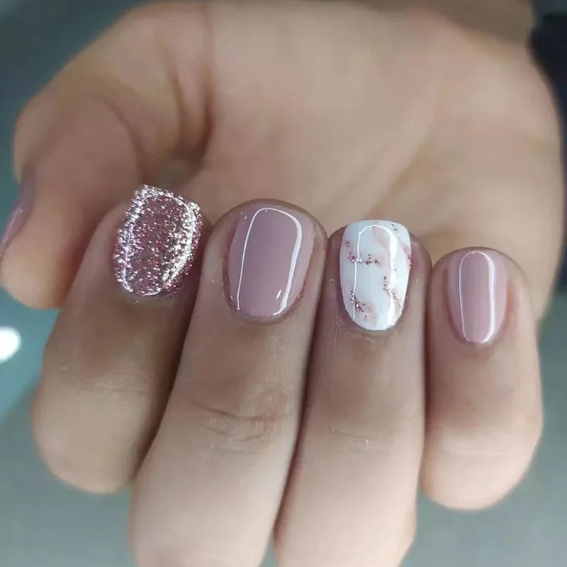 24pcs Short Square Nails Glitter Flower Wave French Nails
