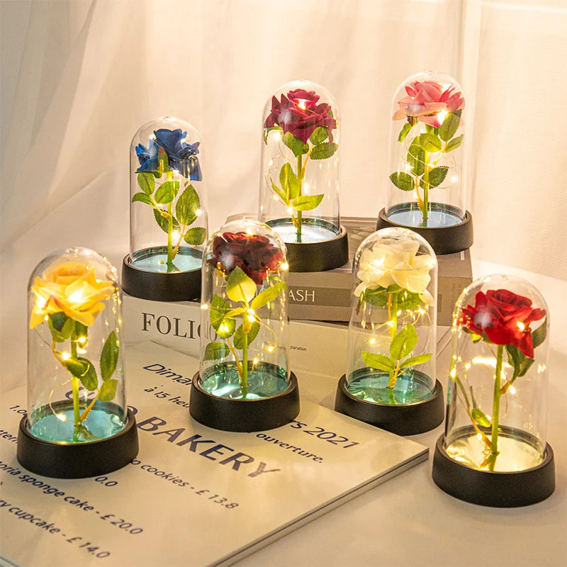 Christmas Valentine's Day Gifts Eternal Rose Flowers in Glass Cover Simulation Rose Flower Desktop Ornament For Girlfriends