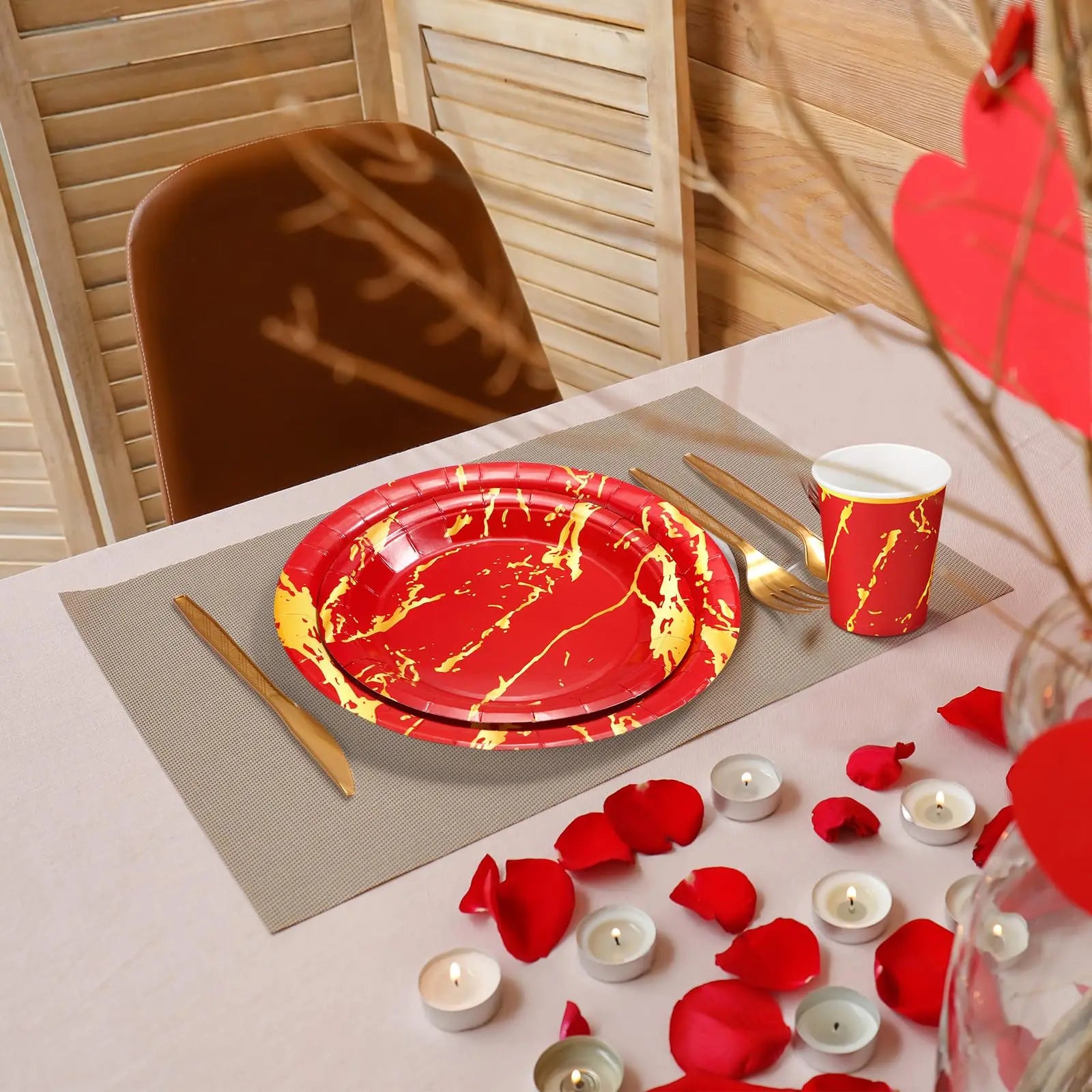 350Pcs.disposable tableware gold red set, Include 100 Plates,50(9oz Paper Cup,Sets Spoon Fork Knives,Napkin)Thanksgiving Party