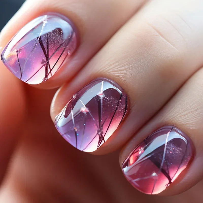24pcs Short Square Nails Glitter Flower Wave French Nails