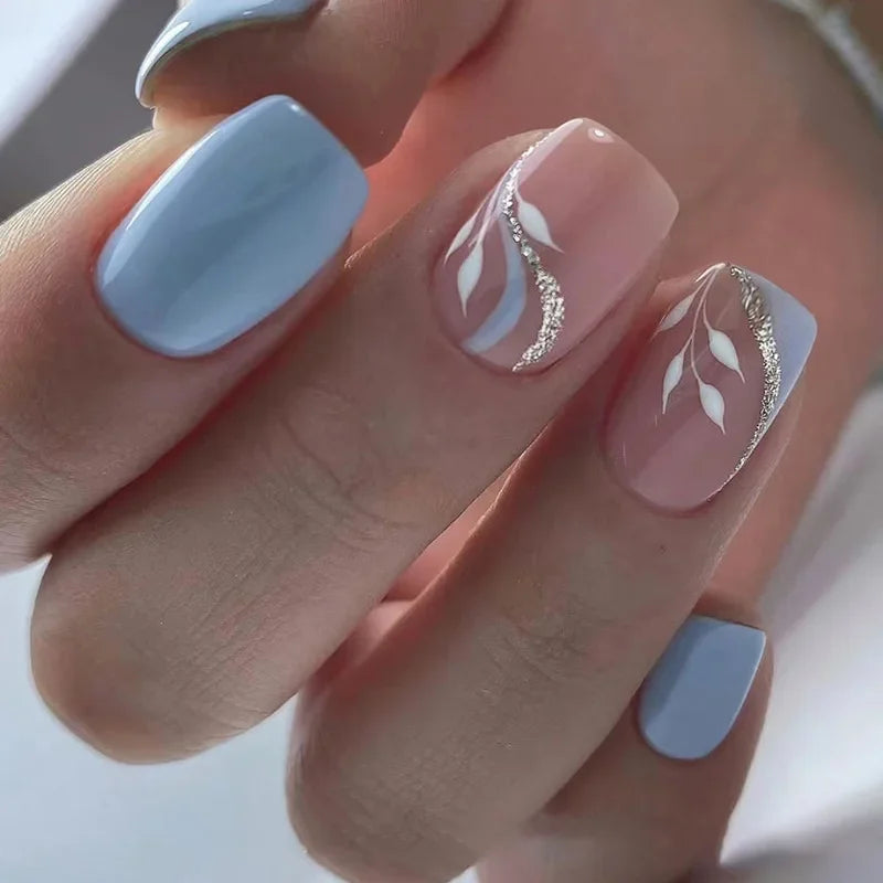 24pcs Short Square Nails Glitter Flower Wave French Nails