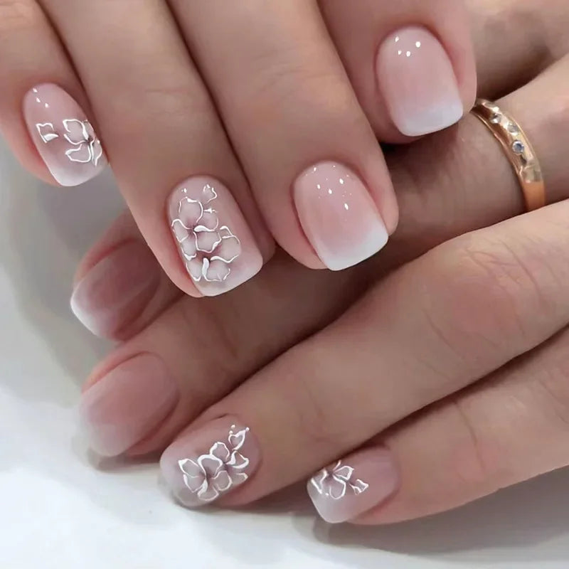 24pcs Short Square Nails Glitter Flower Wave French Nails