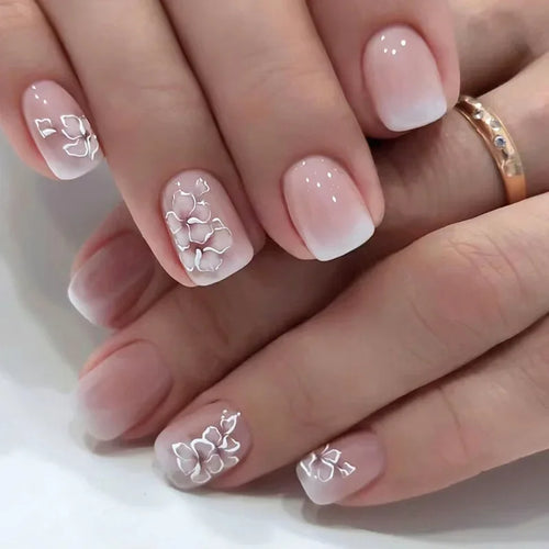 24pcs Short Square Nails Glitter Flower Wave French Nails