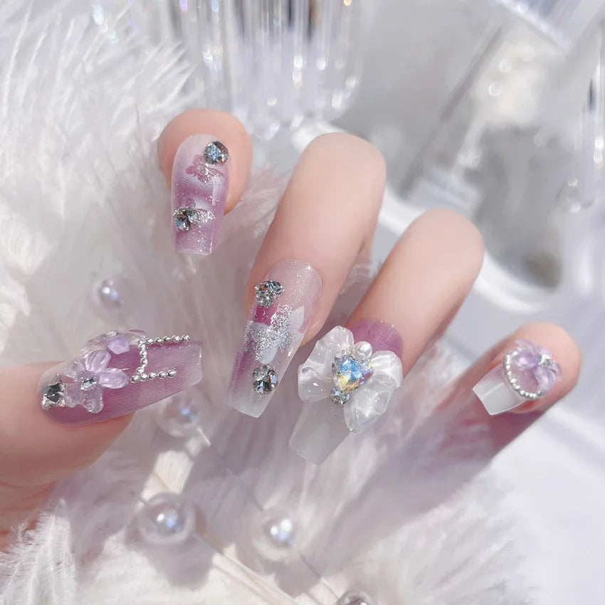 Blush Pink False Nails Bowknot Diamond Pearl Nails
