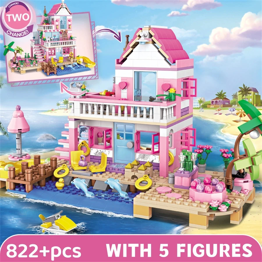 Summer Holiday City House Seaside Villa Building Blocks Apartment Street View Figures DIY Bricks Toys for Kid Girls Friends Gift