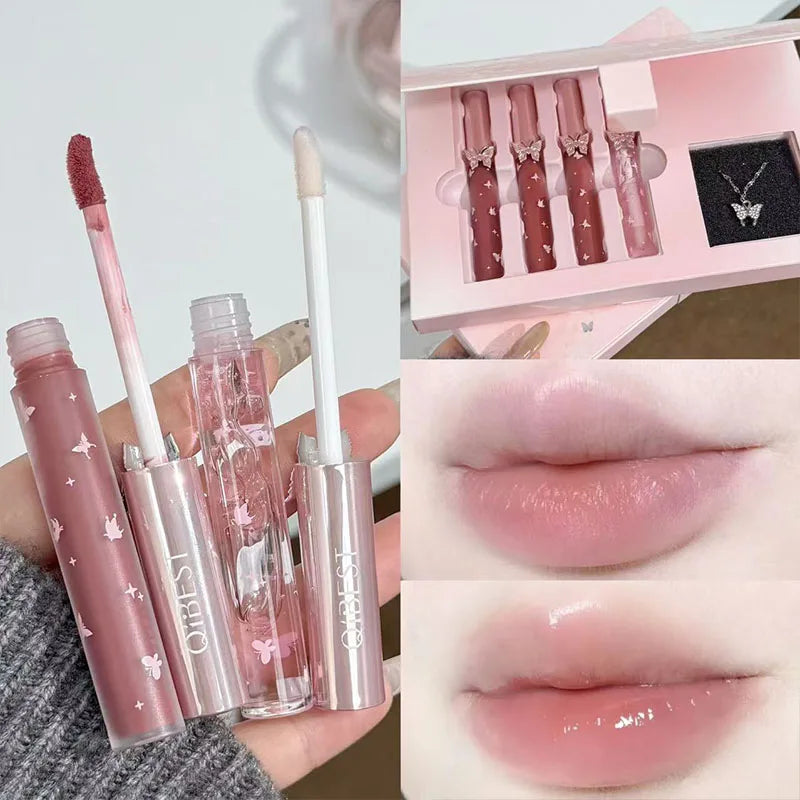 QIBEST New Feather Butterfly Soft Color Lip Makeup Kit Include 3*Matte Liquid Lipstick And 1*Lip Oil Cosmetics Set With Necklace Cosmetics
