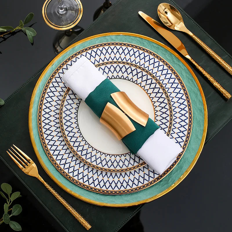 New European Style Light Luxury Bone China Steak Plate  Knife, Fork, Spoon, Napkin Buckle，Cloth Napkin，Wine Glass Tableware Set