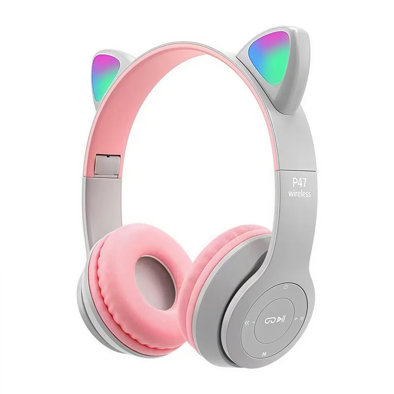 P47M Wireless Bluetooth Headset Gamer Cat LED Light Foldable Noise Cancelling