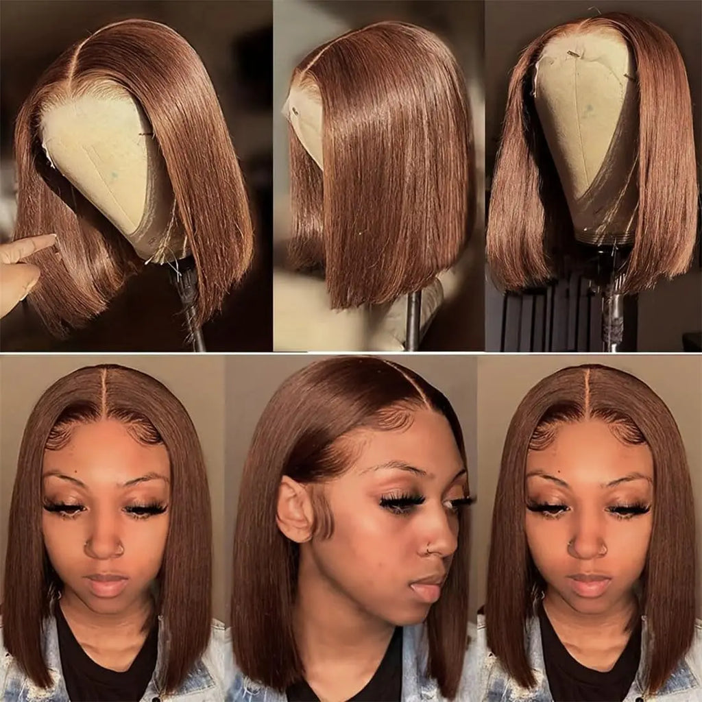 #4 Straight Bob Wig Chocolate Brown Human Hair Wigs 13x4 Transparent Lace Frontal Wig Brazilian Virgin 100% Human Hair