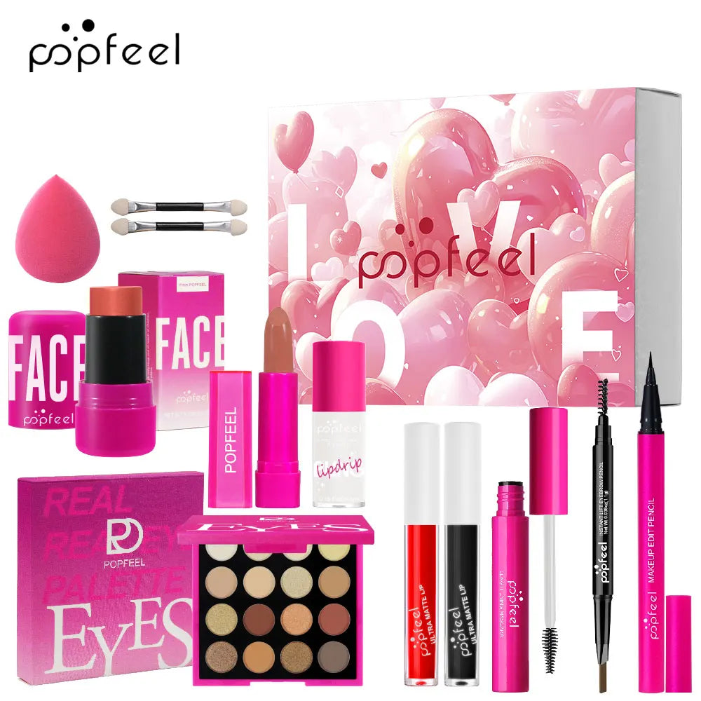POPFEEL 12-Piece Valentine's Day Makeup Set -Cosmetics Includes Eyeshadow, Blush, Lipstick, Lip Gloss, Mascara, Eyebrow Pencil, Eyeliner.