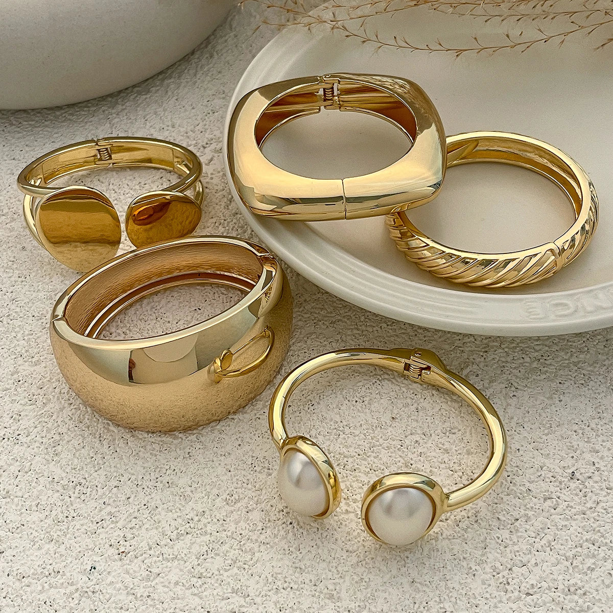 KunJoe 6 Styles Geometric Gold Color Cuff Spring Bangles for Women Vintage Metal Chunky Wide Hand Bracelets Fashion Jewelry Y2K