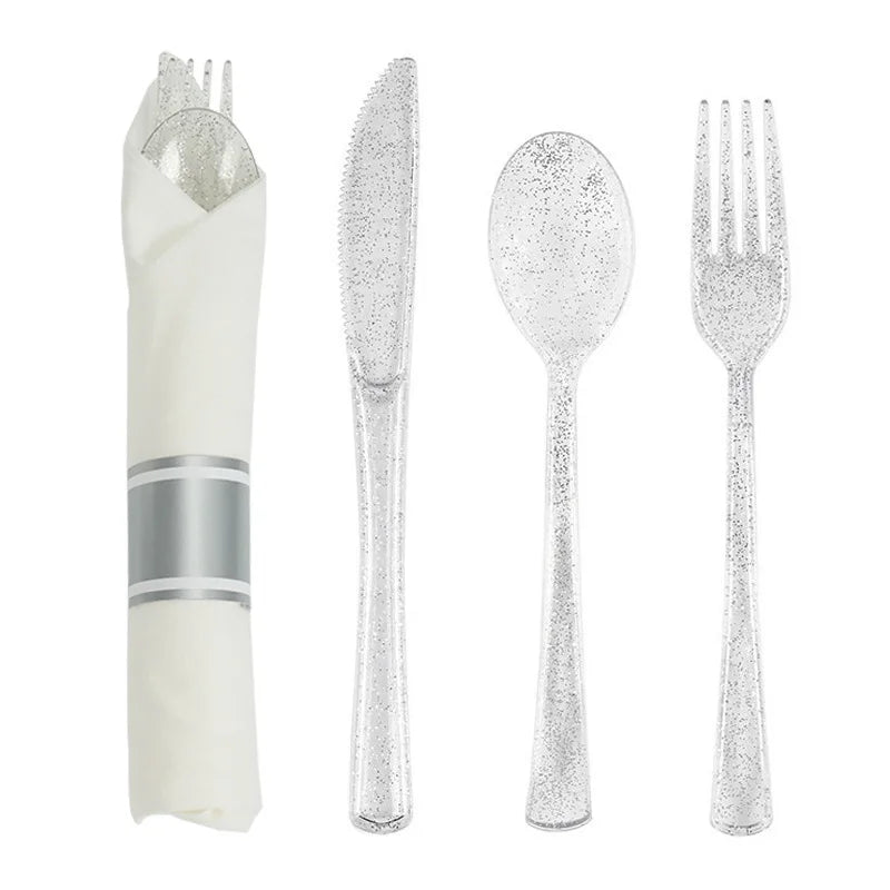 20 Pieces Western Tableware Set Plastic Transparent Gold And Silver Powder Knife Fork Spoon Tissue Tableware Set