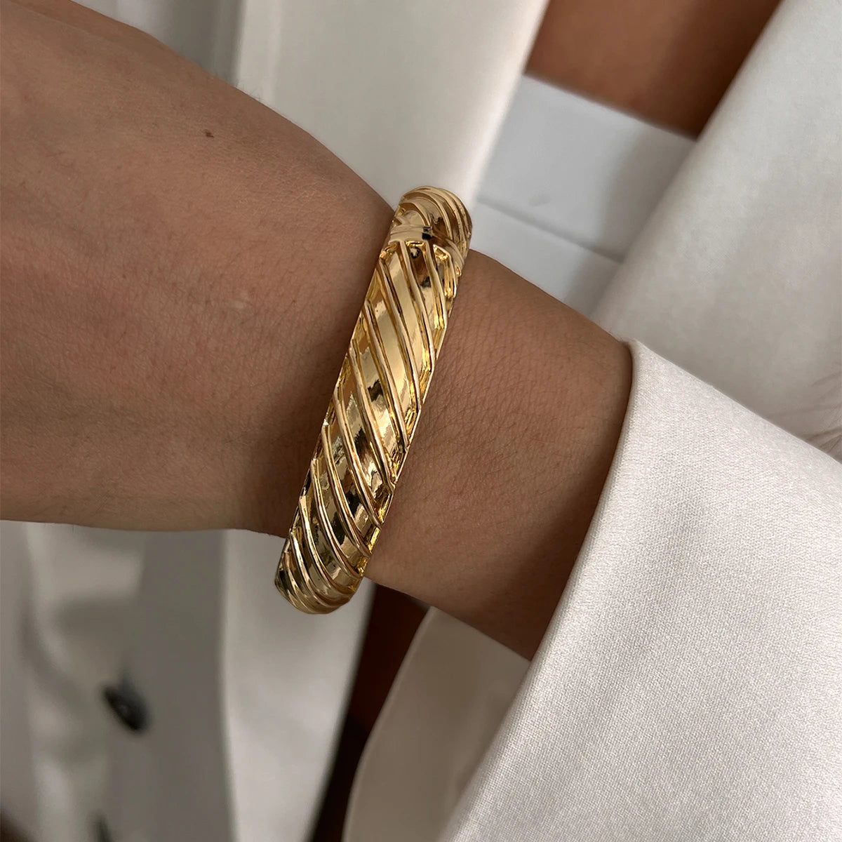 KunJoe 6 Styles Geometric Gold Color Cuff Spring Bangles for Women Vintage Metal Chunky Wide Hand Bracelets Fashion Jewelry Y2K