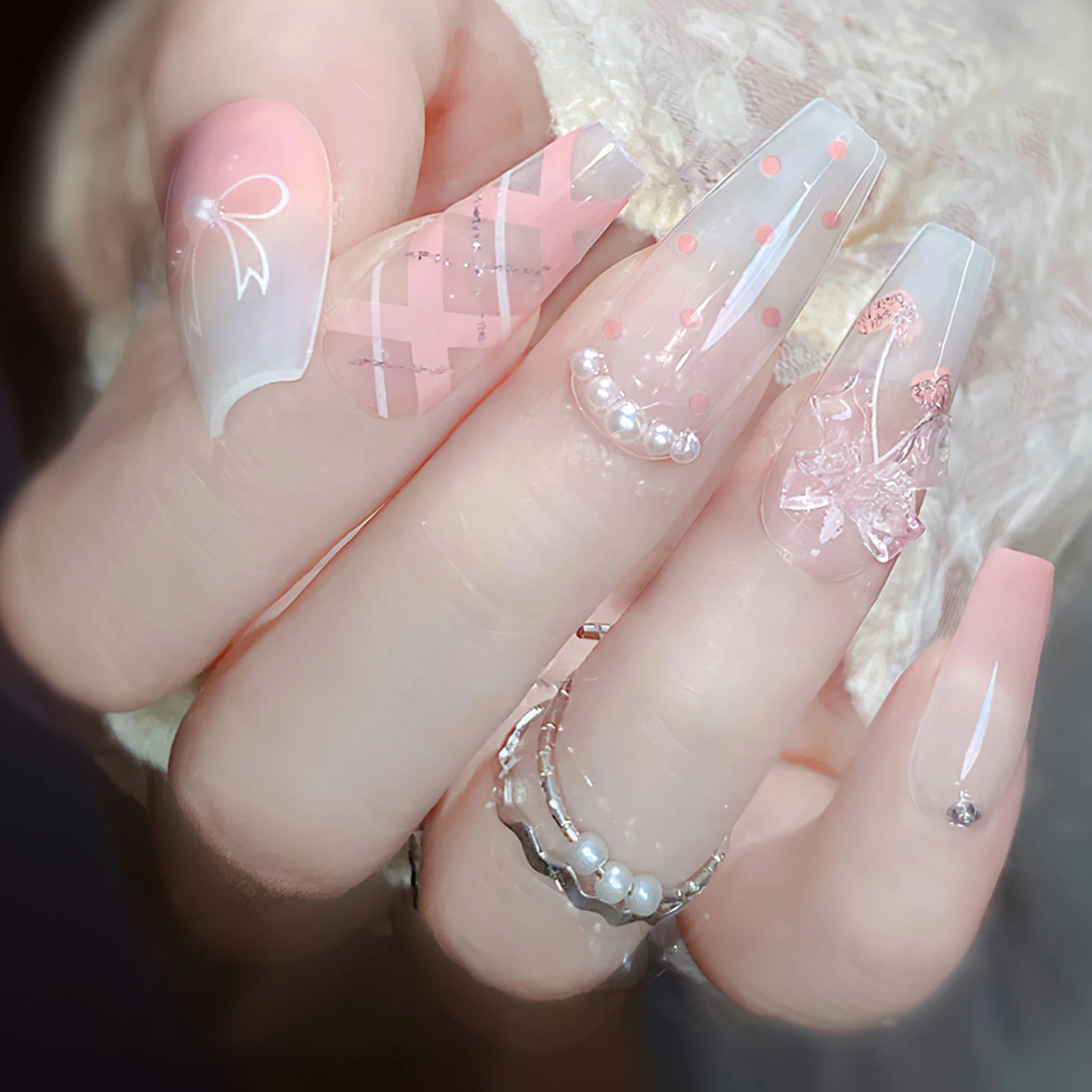 Blush Pink False Nails Bowknot Diamond Pearl Nails