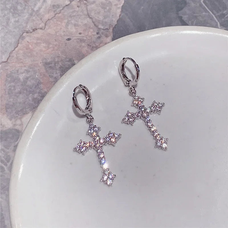 New Rhinestone Zircon Cross Pendant Earrings For Women Korean Fashion Drop Hoop Earrings Birthday Party Jewelry Gifts
