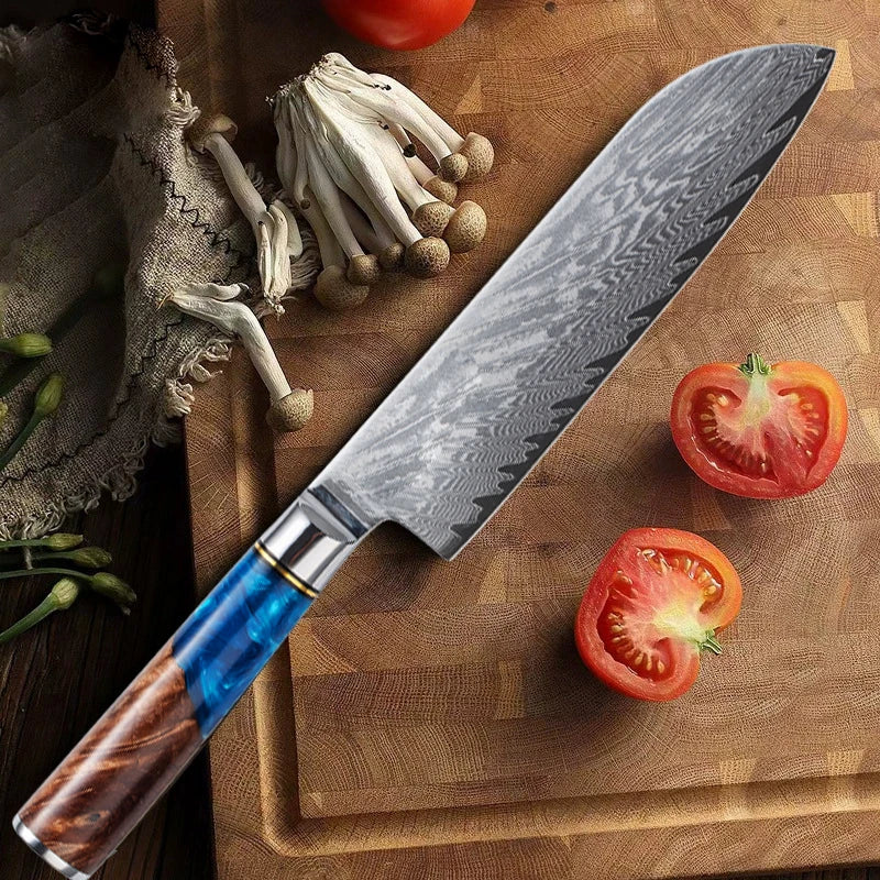 Damascus Knife Set 2 Pieces Japanese Kitchen Knife with VG10 Steel Core Blue Resin Handle Super Sharp Kitchen Chef's Knife