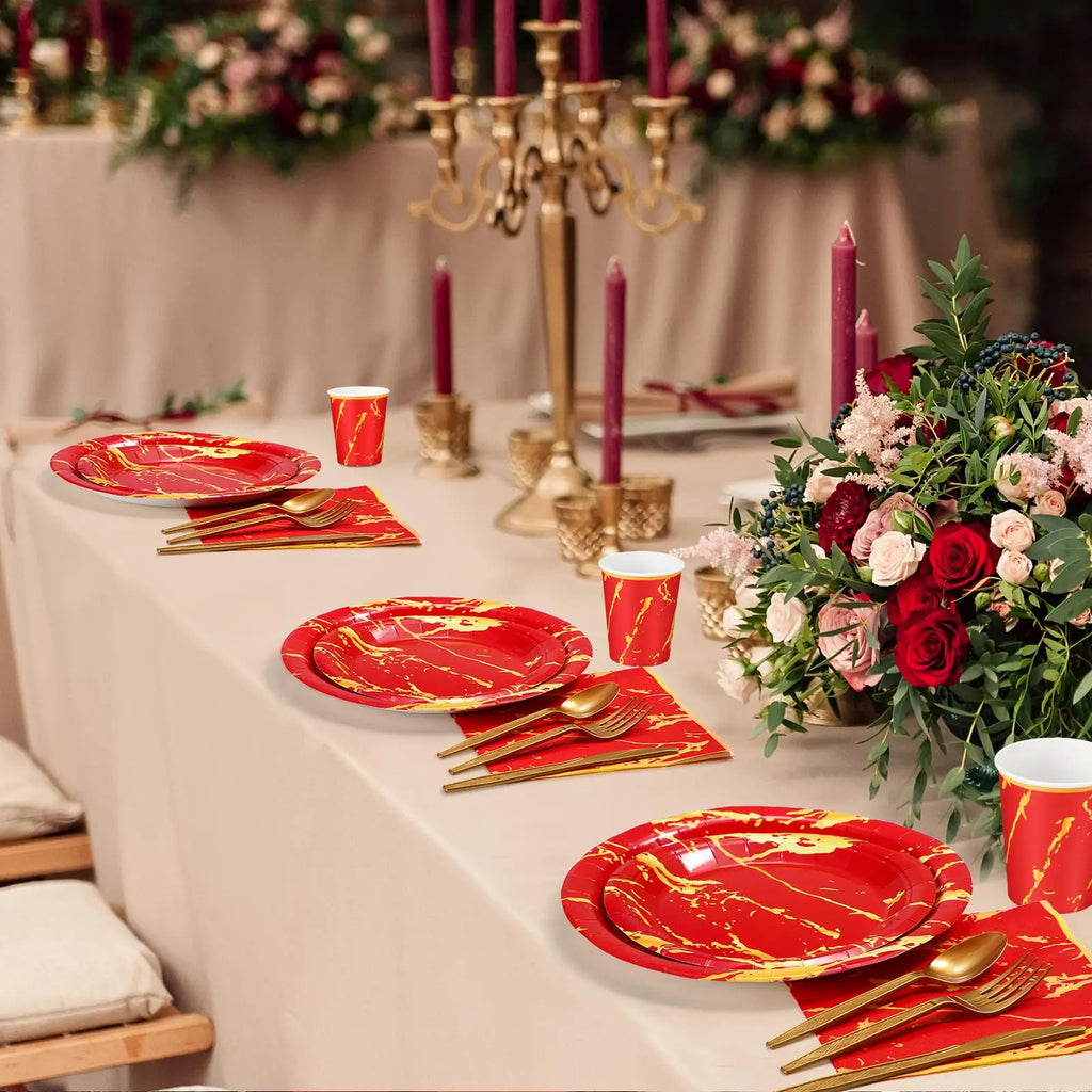 350Pcs.disposable tableware gold red set, Include 100 Plates,50(9oz Paper Cup,Sets Spoon Fork Knives,Napkin)Thanksgiving Party