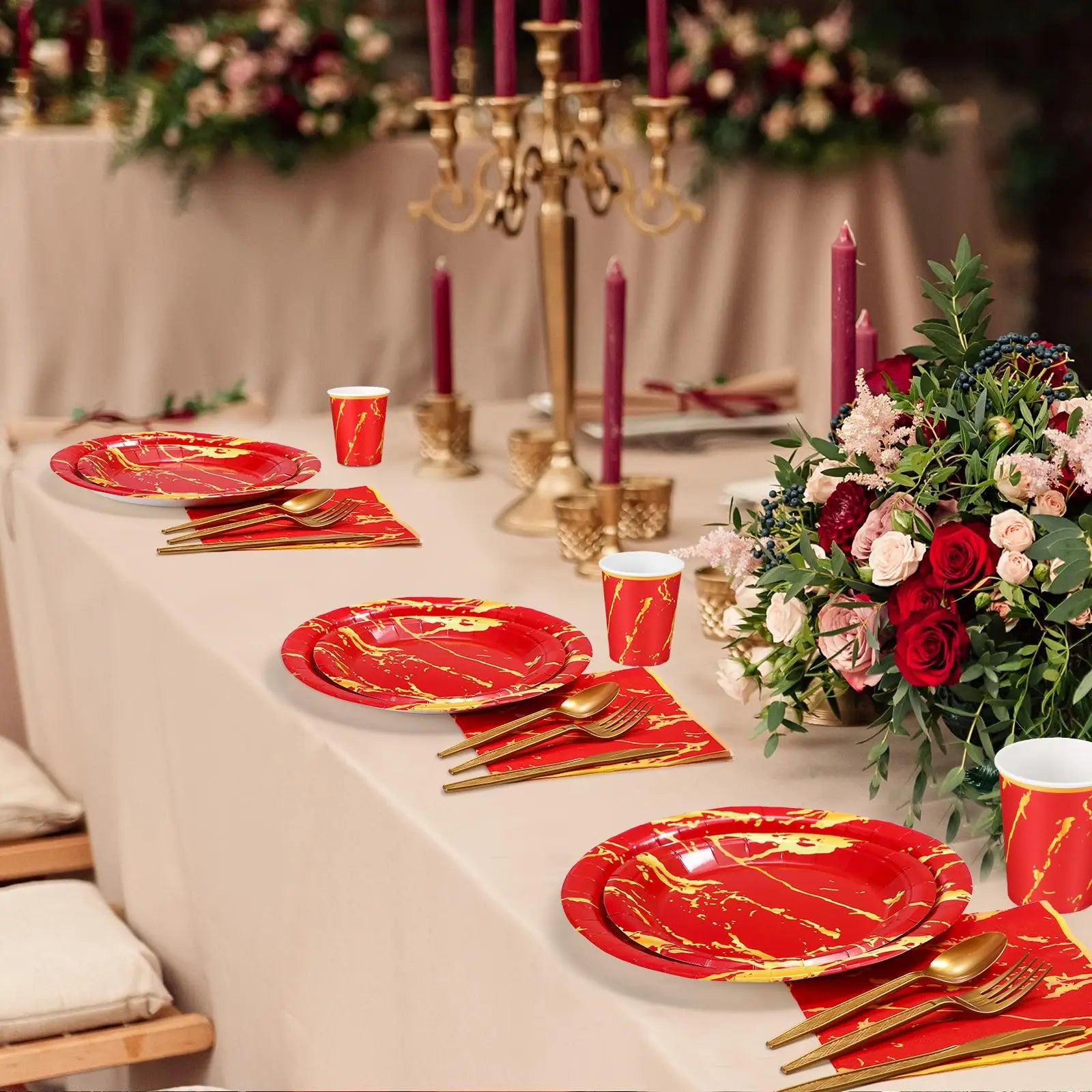 350Pcs.disposable tableware gold red set, Include 100 Plates,50(9oz Paper Cup,Sets Spoon Fork Knives,Napkin)Thanksgiving Party