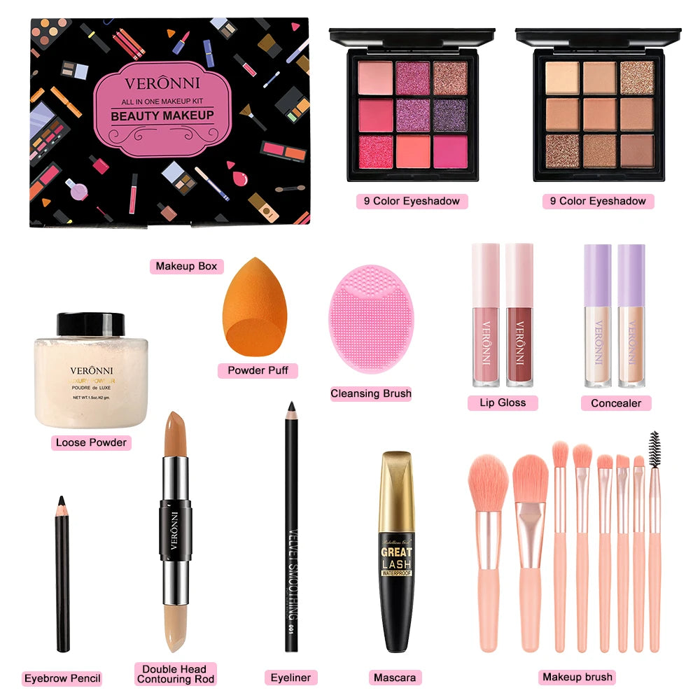 VERONNI All In One Women Makeup Set Include Eyebrow Eyeliner Eyeshadow Makeup Kit Gift Box Valentine's Day gift for your wife