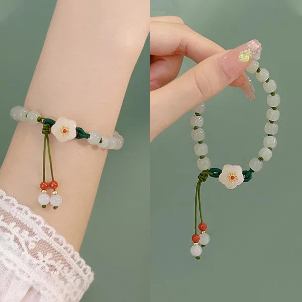 Translucent Resin Bangle for Women Chinese Style Tassel Bells Bracelet Crystal Beads Chain Bracelet Silver Color Alloy Jewelry