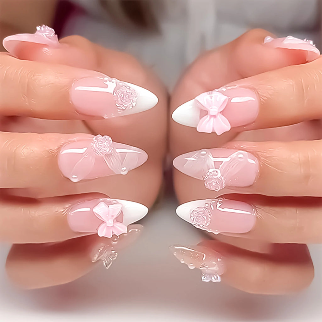 Blush Pink False Nails Bowknot Diamond Pearl Nails