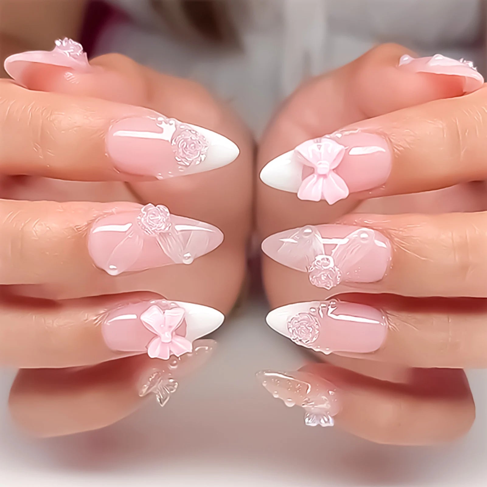 Blush Pink False Nails Bowknot Diamond Pearl Nails