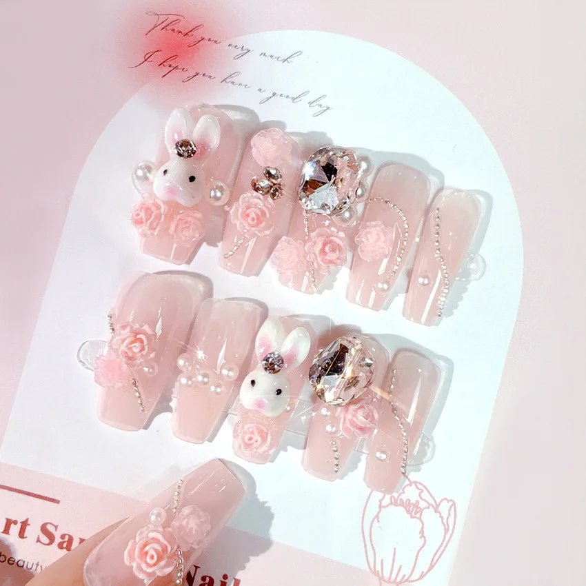 Blush Pink False Nails Bowknot Diamond Pearl Nails