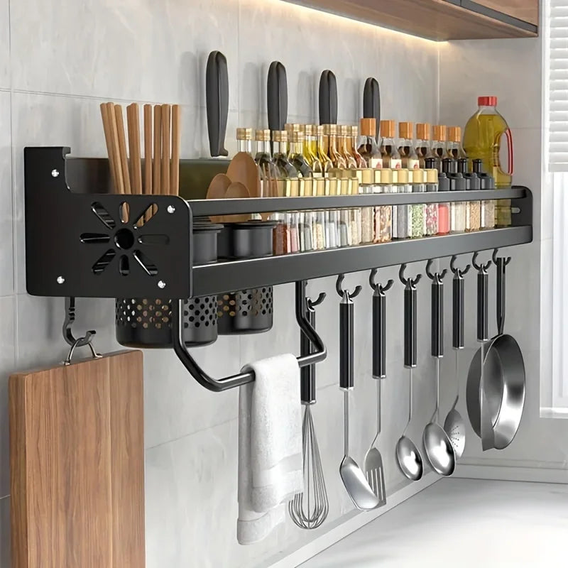 1pc Kitchen Wall-mounted Spice Storage Rack With Hooks, Hanging Tableware & Utensils Holder, Household Space Saving Storage Orga
