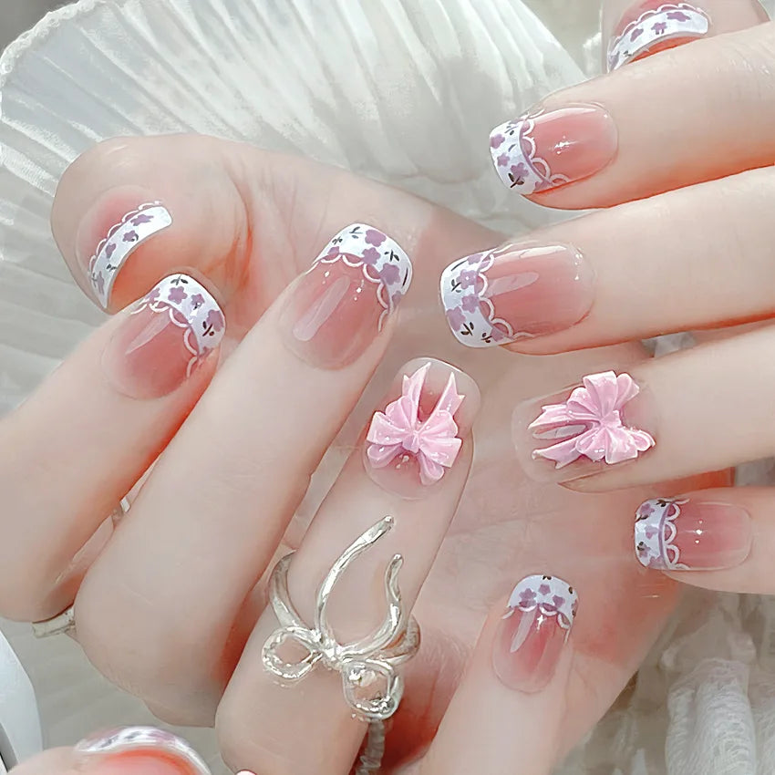 Blush Pink False Nails Bowknot Diamond Pearl Nails