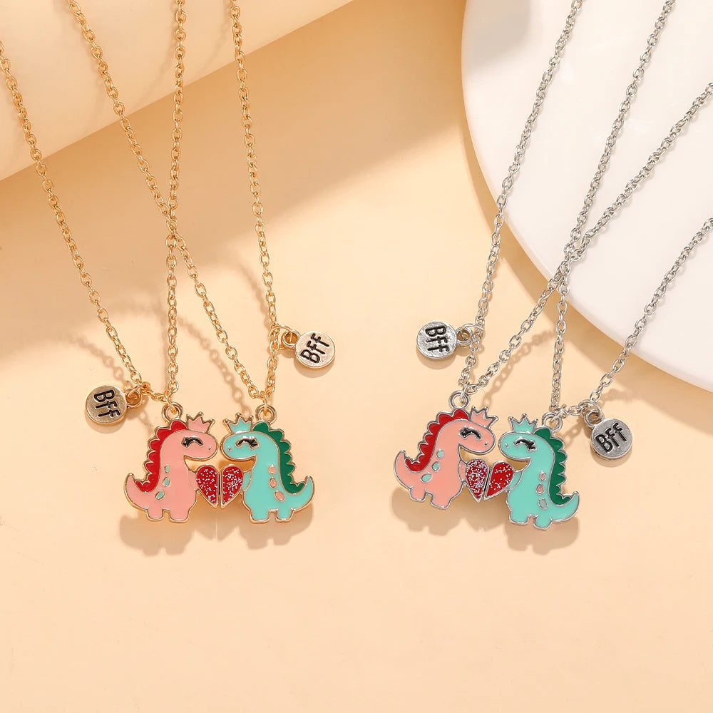 2Pcs/Set BFF Charms Pink Blue Cartoon Dinosaur Heart Design Necklace Cute Lovers Couple Valentine's Day Jewelry Gift