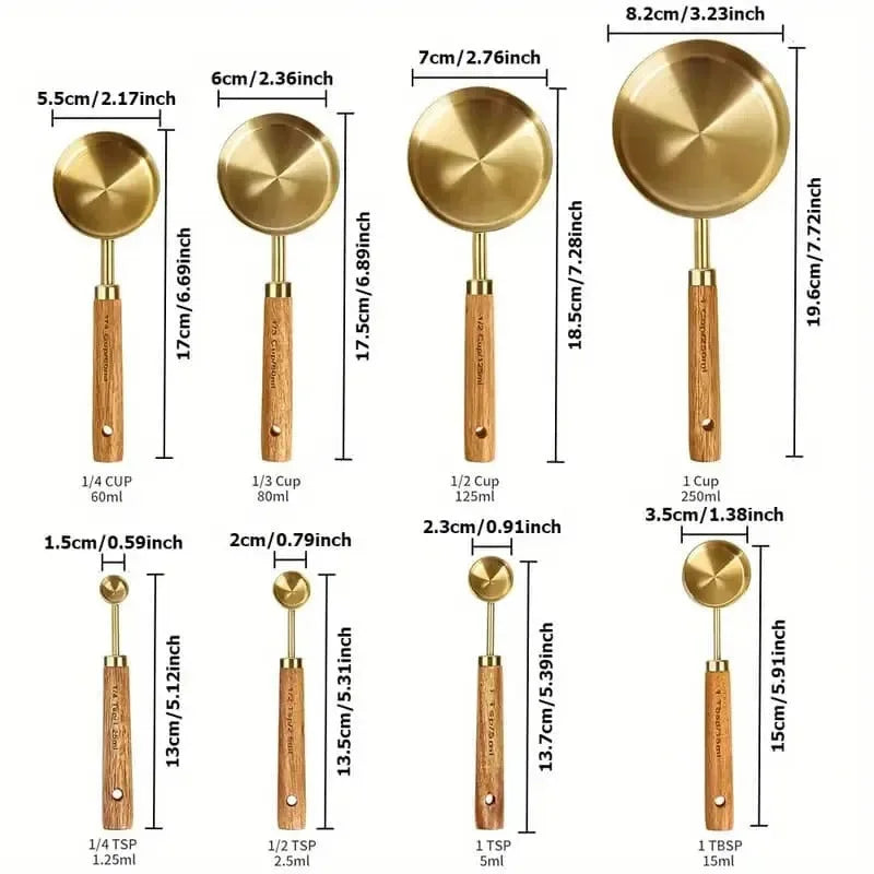 8 Piece Golden Stainless Steel Measuring Spoon Set with Wooden Handle for Baking Coffee Cooking Kitchen Tools