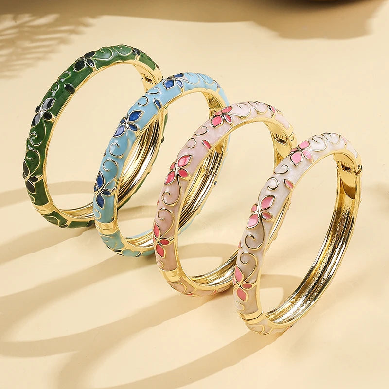 FTCY Flower Pattern Enamel Cloisonne Bracelet For Women Retro Gold Color Plated Bangles for Girls Women Jewelry Gifts