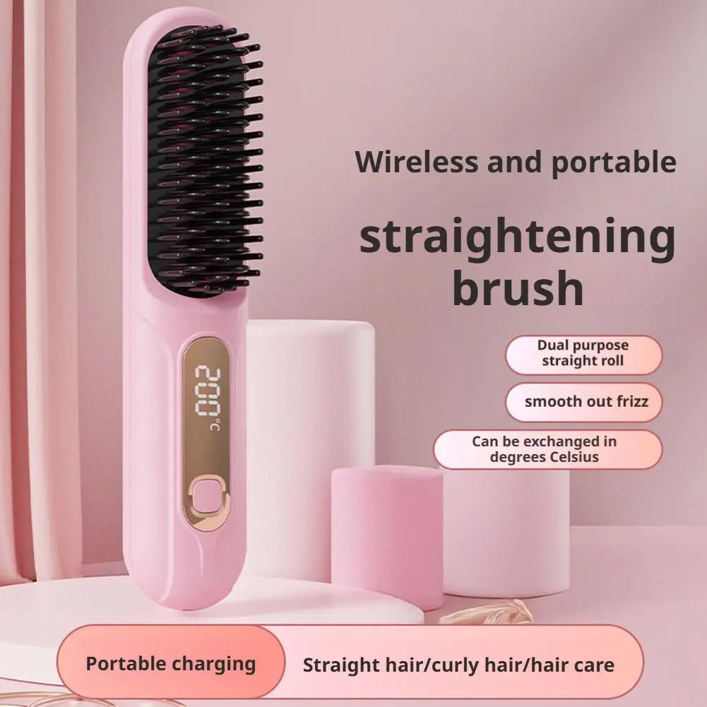Wireless Hair Straightening Brush Rechargeable Comb For Frizz Control & Smooth Shiny Hair Portable Flat Iron Styling Tool D0G7