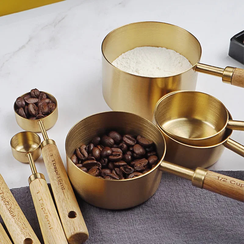 8 Piece Golden Stainless Steel Measuring Spoon Set with Wooden Handle for Baking Coffee Cooking Kitchen Tools