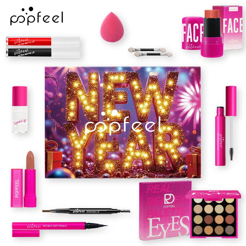 POPFEEL 12-Piece New Year Makeup Set – 2026 Edition cosmetics with Eyeshadow, Blush, Lipstick & Gloss, Mascara, Eyebrow Pencil, Eyeliner.