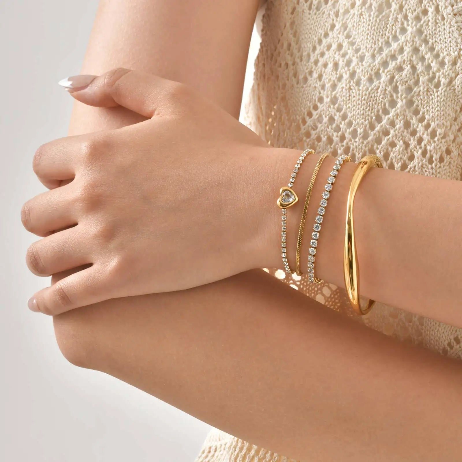 Vnox Clear Heart Zircon Snake Chain Bracelets Bangles For Women, Gold Color Stainless Steel Chain, Boho Elegant Jewelry Gifts